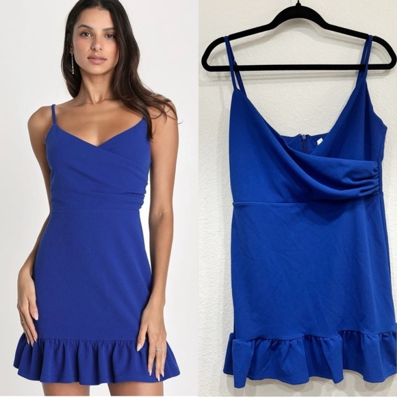 Sz L - NWOT Lulus Impeccable Essence Royal‎ Blue Surplice Tiered Mini Dress - Picture 1 of 8
